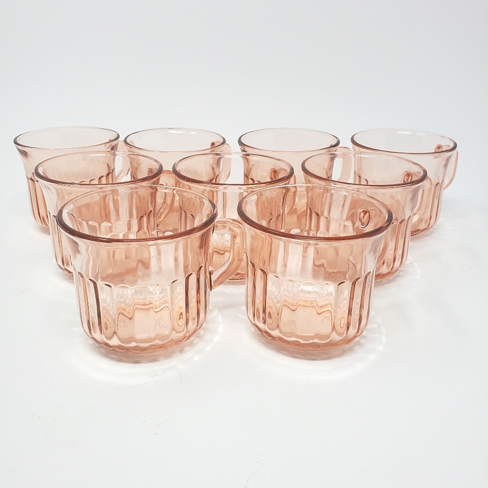 VTG Fortecrisa Pink Radiance Ribbed Glass Coffee Tea Cups with Handles, set of 9